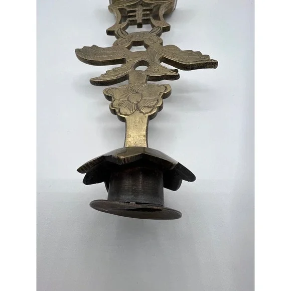 Vintage Brass Candlestick Holder Asian Inspired Bird & Floral Design Decor - Picture 7 of 12